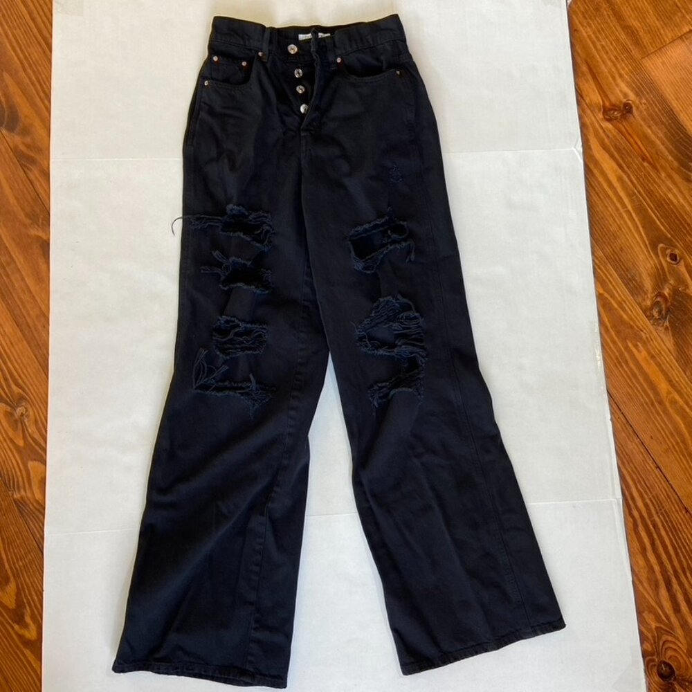 Pac Sun High Rise Button Fly Black Distressed Jeans Sz 27 - Picture 3 of 11